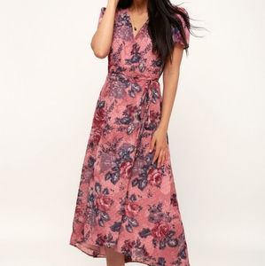 Pink Floral Print Midi Wrap Dress